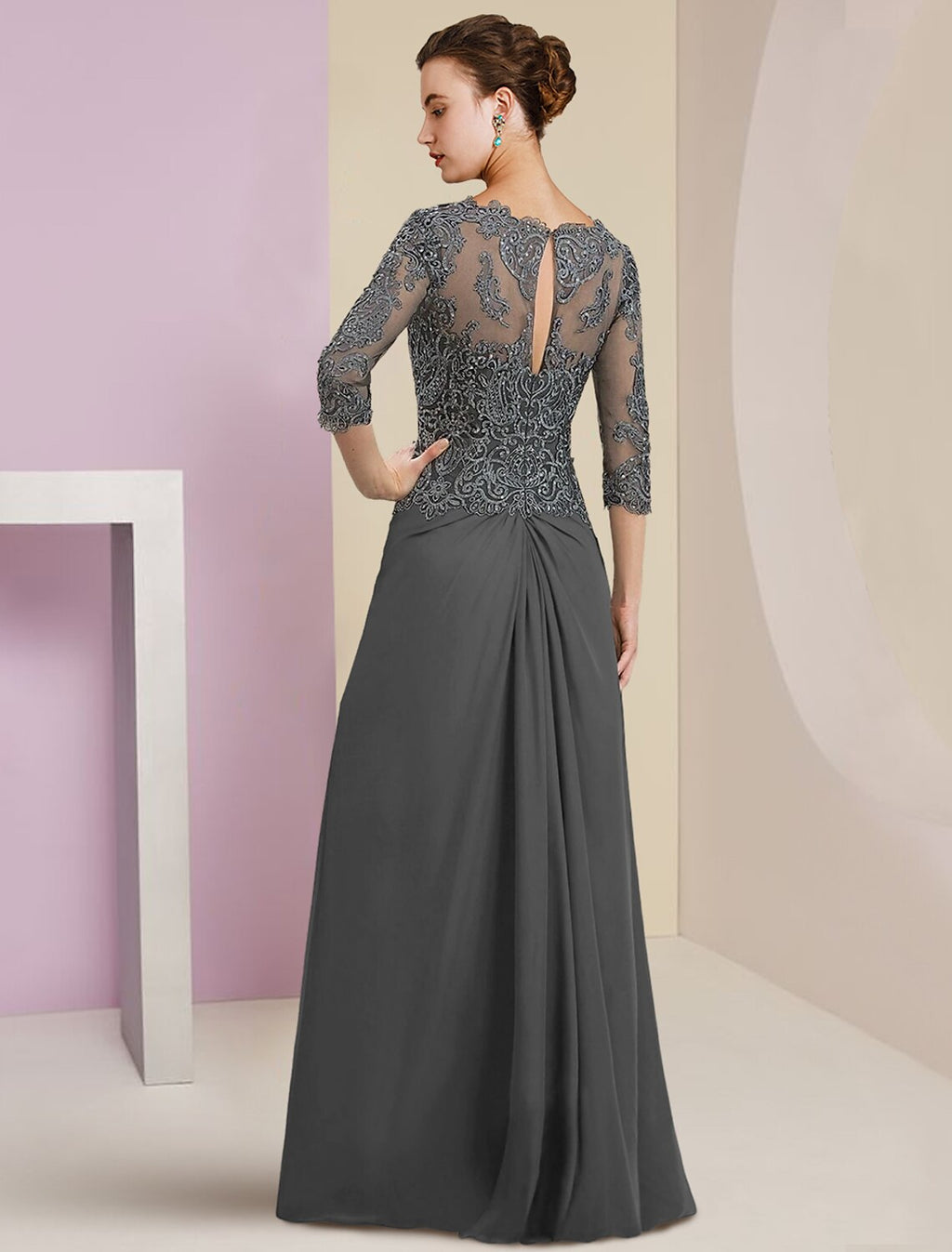 Sheath / Column Mother of the Bride Dress Formal Wedding Guest Elegant V Neck Floor Length 3/4 Length Sleeve with Appliques