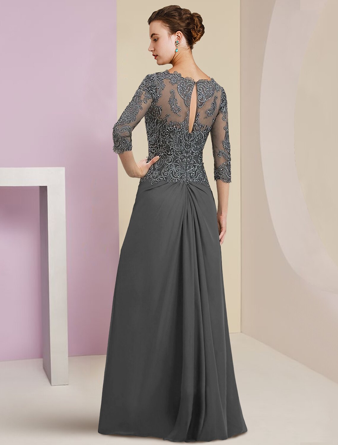 Sheath / Column Mother of the Bride Dress Formal Wedding Guest Elegant V Neck Floor Length 3/4 Length Sleeve with Appliques