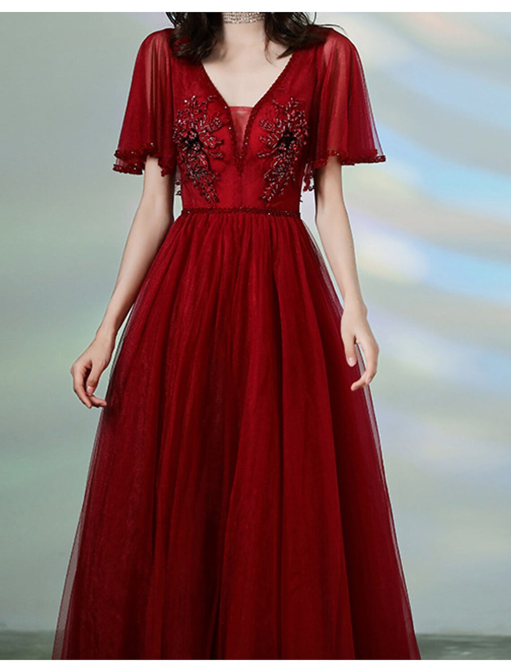 Luxurious Dress Wedding Guest Floor Length Short Sleeve Strap Beading