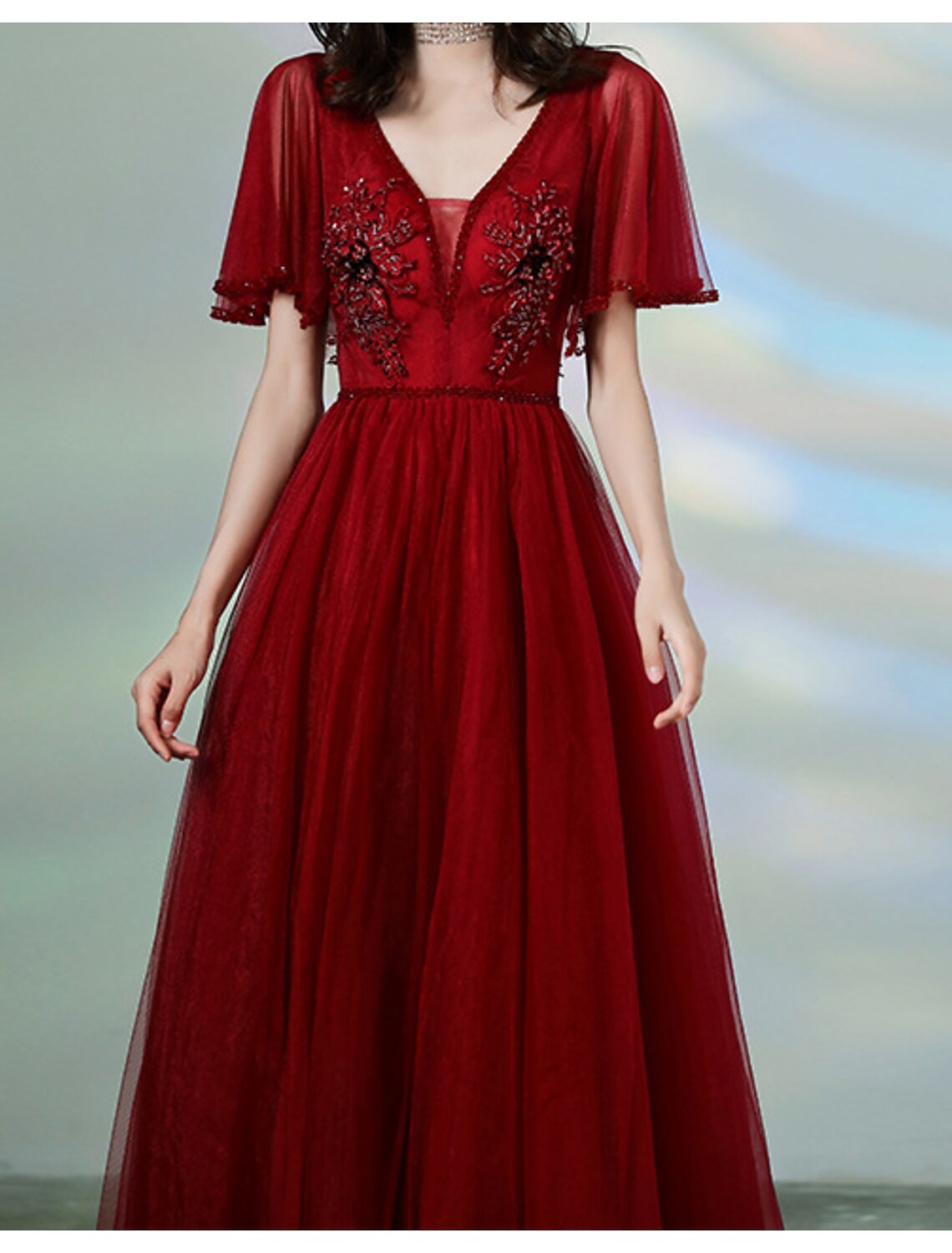 Luxurious Dress Wedding Guest Floor Length Short Sleeve Strap Beading