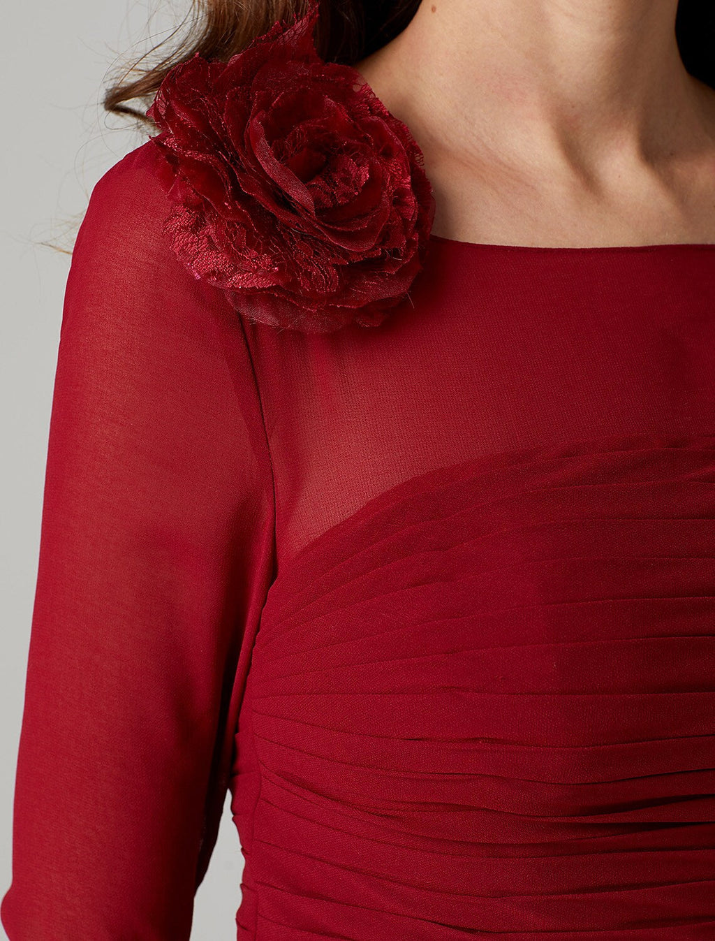 Floor Length Length Sleeve Neck Charmeuse with Ruched Flower