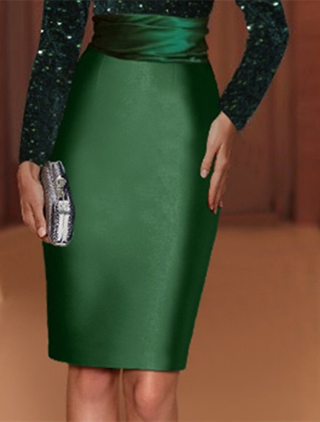 Green Sheath Evening Gown Elegant Dress Red Dress Knee Length Long Sleeve High Neck