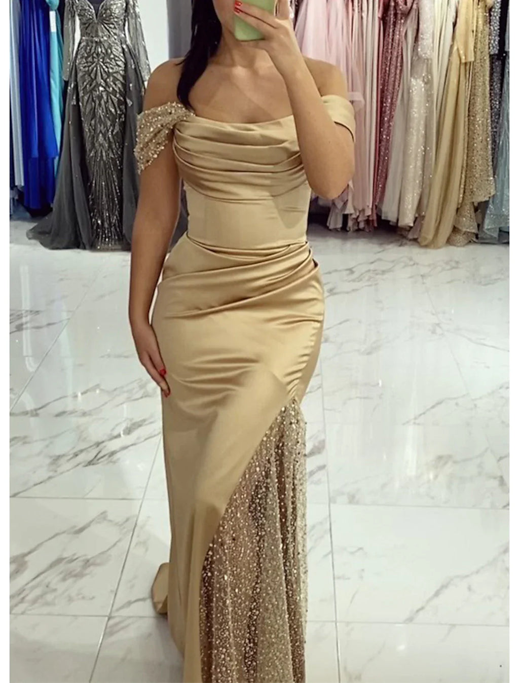 Mermaid / Trumpet Evening Gown Sparkle Dress Wedding Prom Floor Length Short Sleeve Off Shoulder with Ruched Pearls