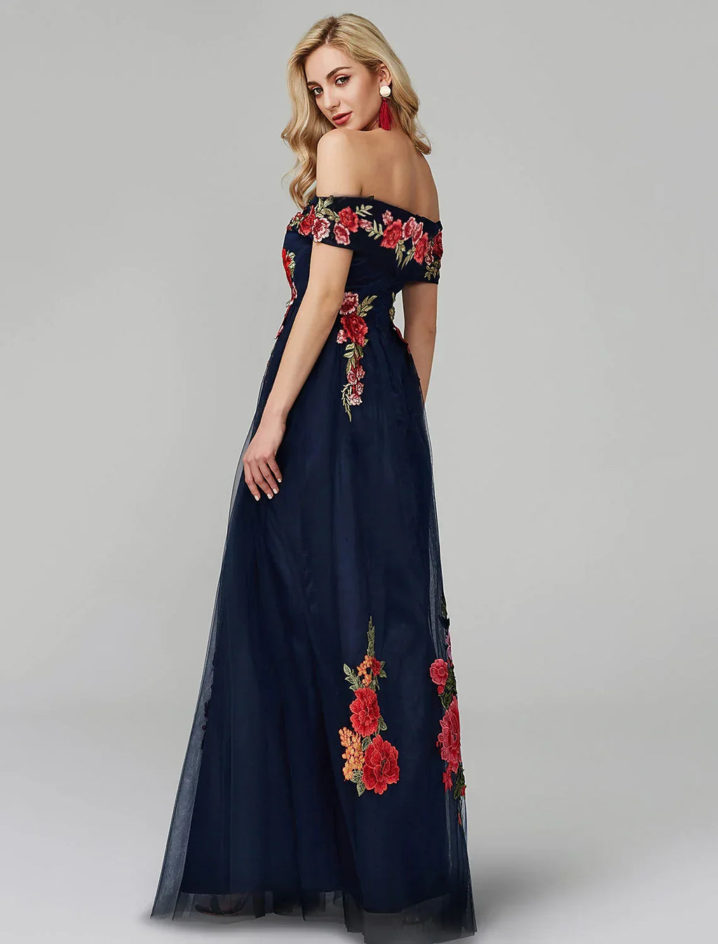 Wedding Guest Floor Length Sleeveless Off Shoulder Over with Embroidery Appliques