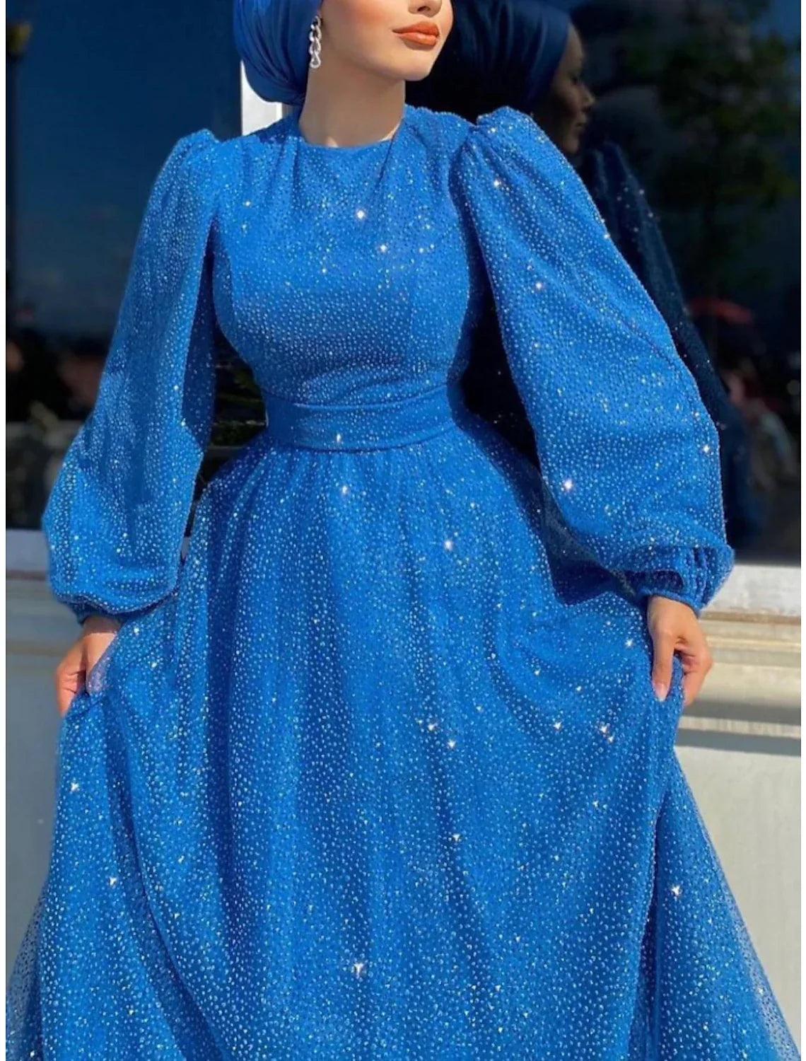 Evening Gown Elegant Dress Formal Ankle Length Long Sleeve Jewel Neck with Glitter Pleats