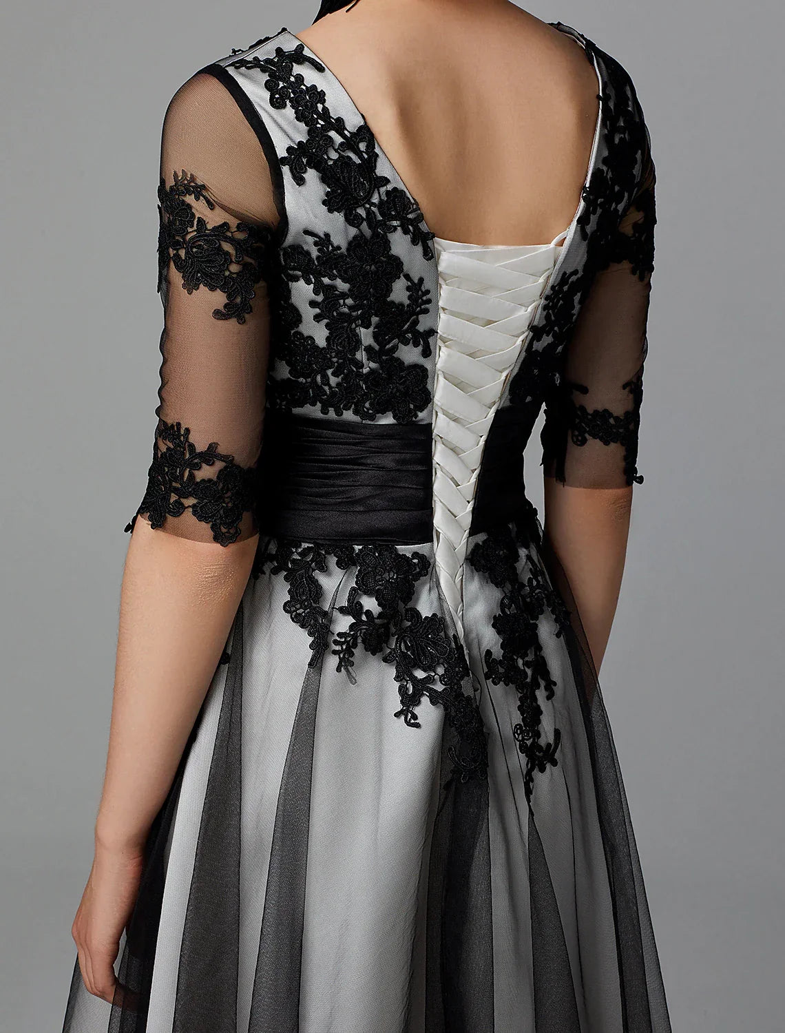 Vintage Dress Wedding Guest Cocktail Party Tea Length Half Sleeve Jewel Neck Fall Wedding Guest with Sash / Ribbon Appliques