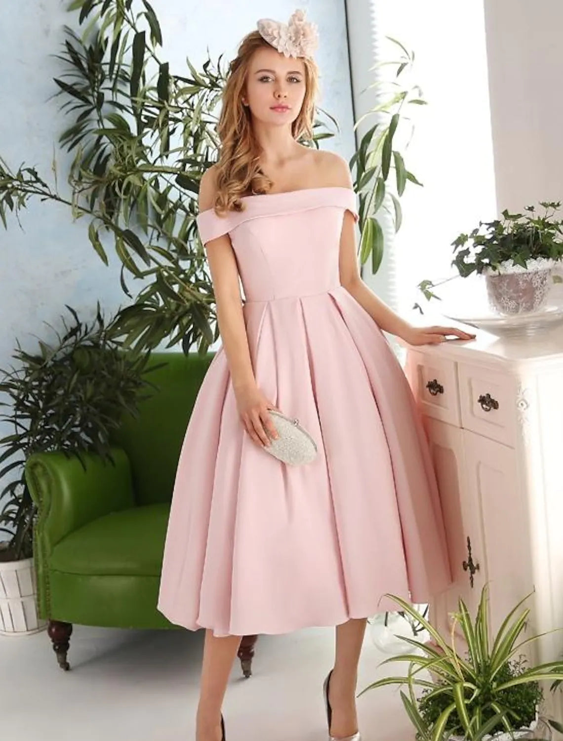 Cocktail Dresses Vintage Dress Engagement Sleeveless Off Shoulder Fabric with Pleats