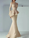 Mermaid / Trumpet Mother of the Bride Dress Formal Wedding Guest Elegant Scoop Neck Floor Length Fabric Long Sleeve with Ruffles Appliques