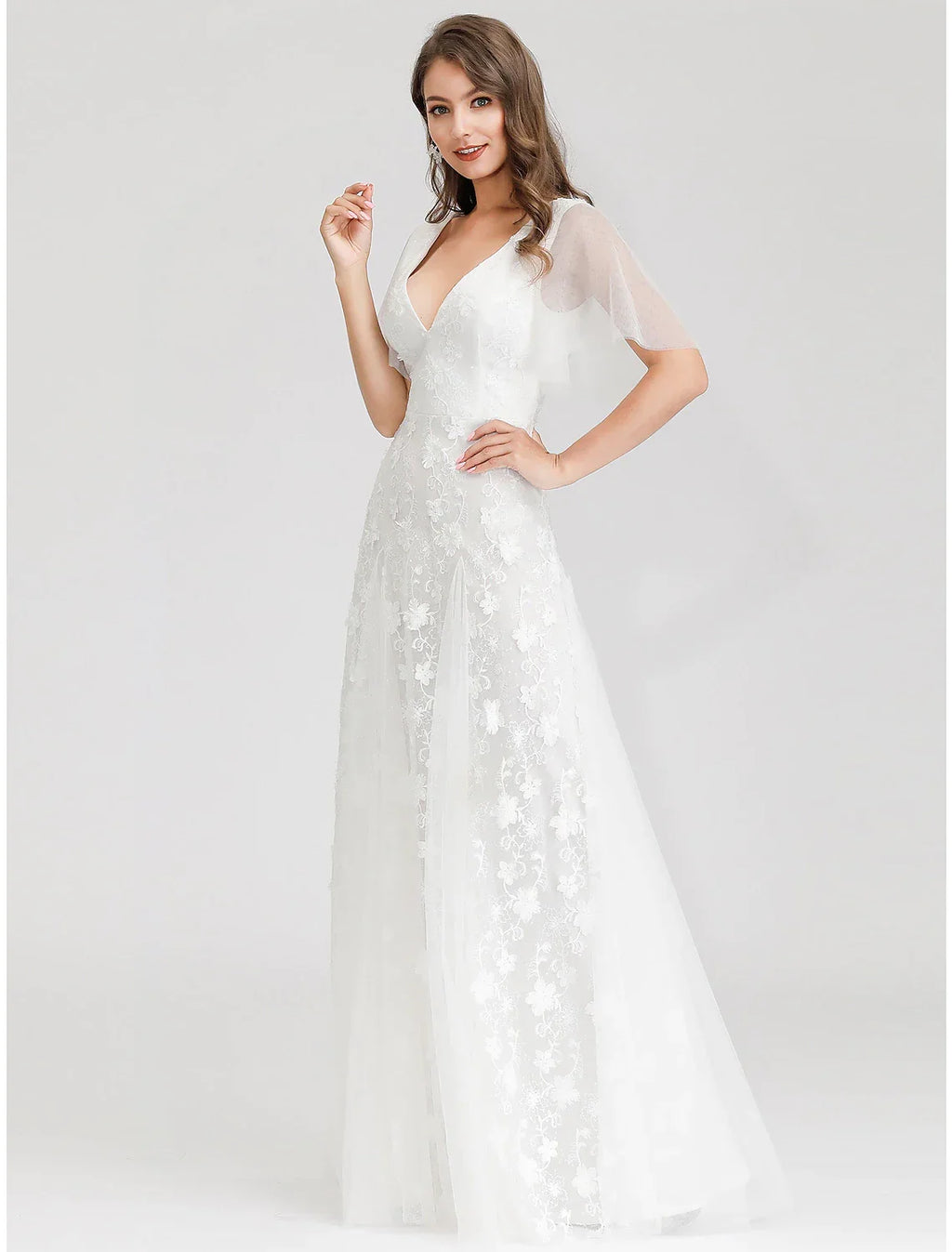 Open Back Dresses A-Line Short Sleeve V Neck Appliques