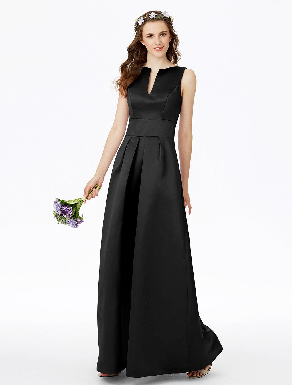 Bridesmaid Dress Notched Sleeveless Elegant Floor Length with Pleats Pocket
