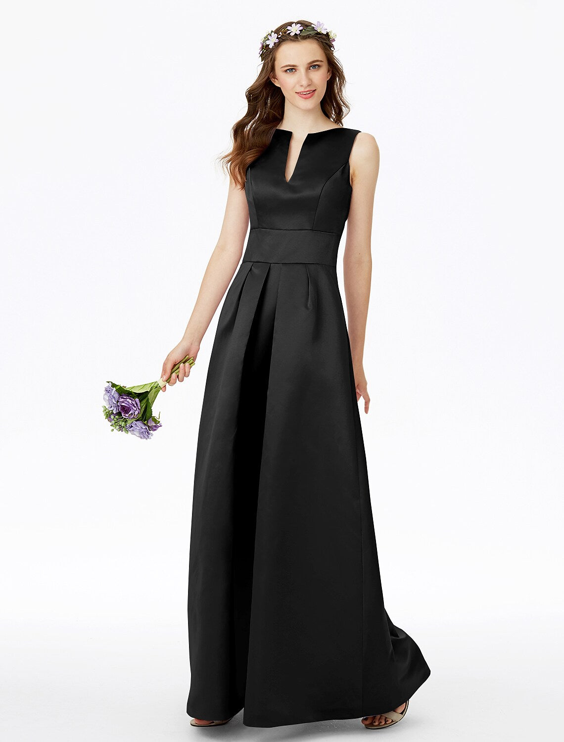 Bridesmaid Dress Notched Sleeveless Elegant Floor Length with Pleats Pocket