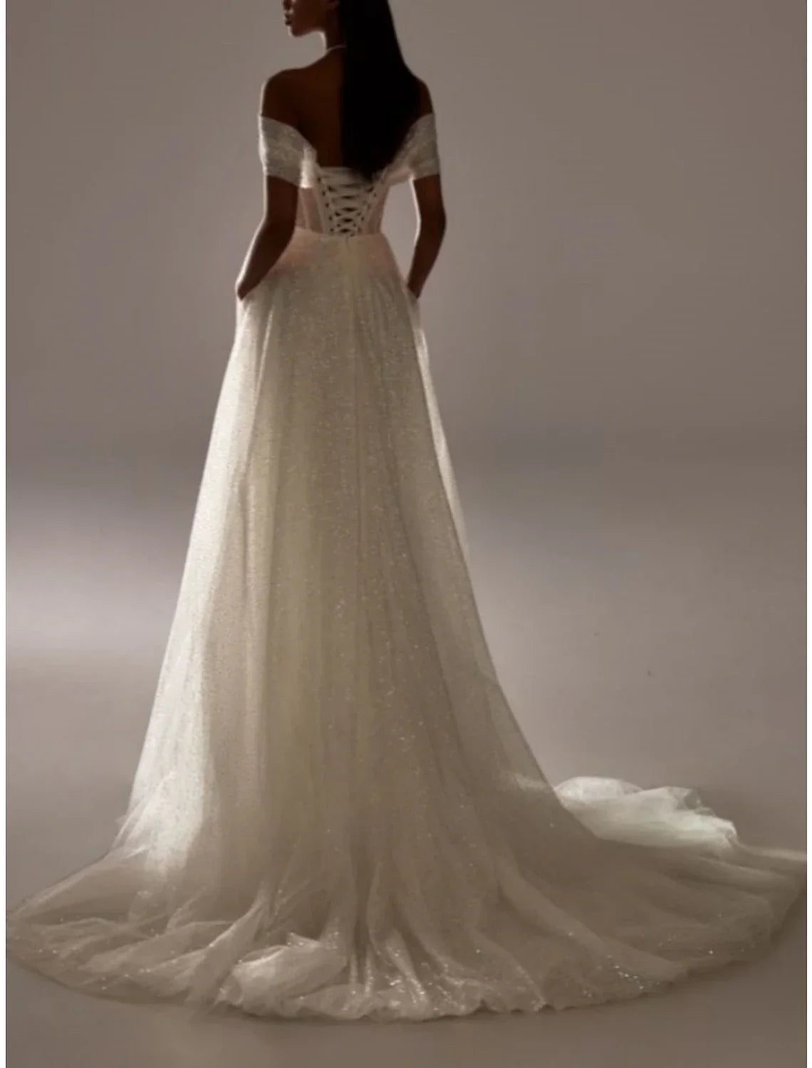 Formal Wedding Dresses A-Line Off Shoulder Short Sleeve Court Train Bridal Gowns With Pleats Ruched
