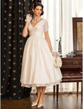 White Bridal Vintage Little Dresses Wedding Dresses A-Line Short Sleeve V Neck