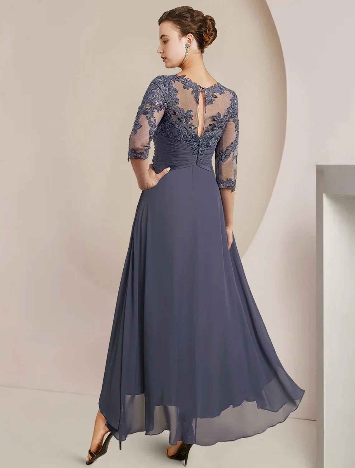 Mother of the Bride Dress Wedding Guest Elegant High Low Scoop Neck Asymmetrical Tea Length 3/4 Length Sleeve with Pleats Appliques