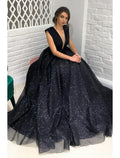 Ball Gown A-Line Prom Dresses Sparkle & Shine Dress Formal Sweep / Brush Train Sleeveless V Neck Wednesday Addams Family Backless with Pleats