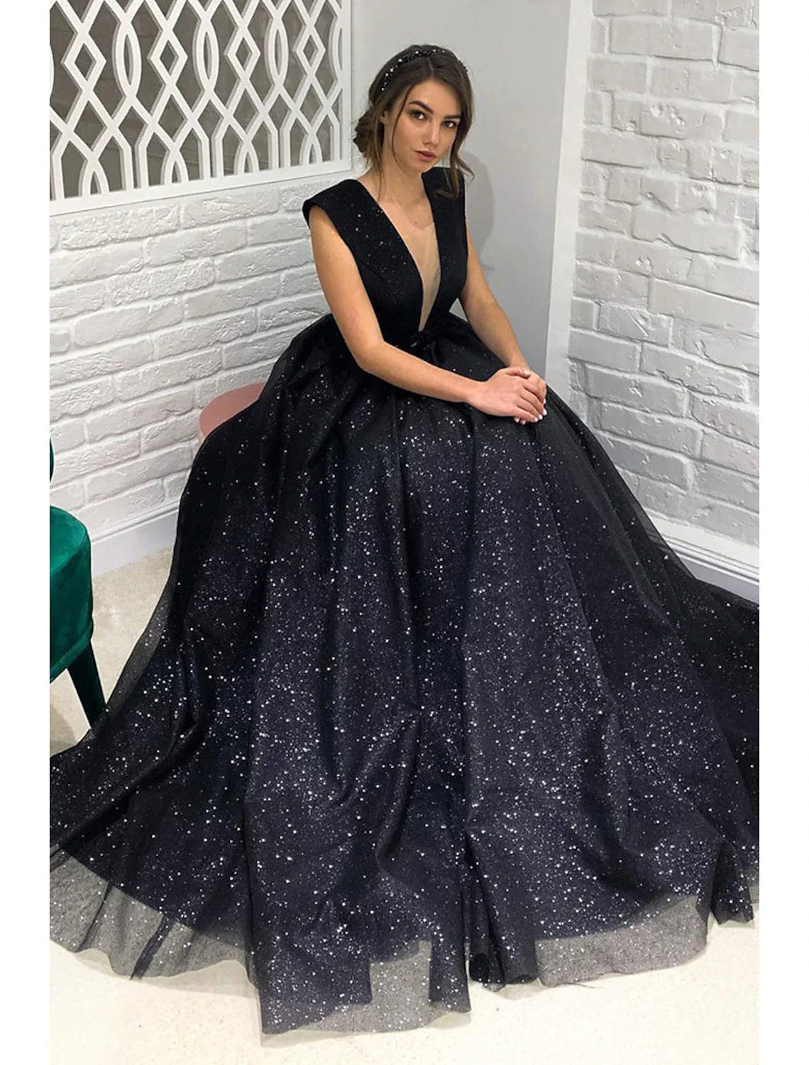 Ball Gown A-Line Prom Dresses Sparkle & Shine Dress Formal Sweep / Brush Train Sleeveless V Neck Wednesday Addams Family Backless with Pleats