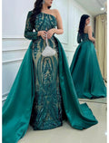 Mermaid / Trumpet Evening Gown Elegant Dress Formal Wedding Court Train Long Sleeve One Shoulder Detachable