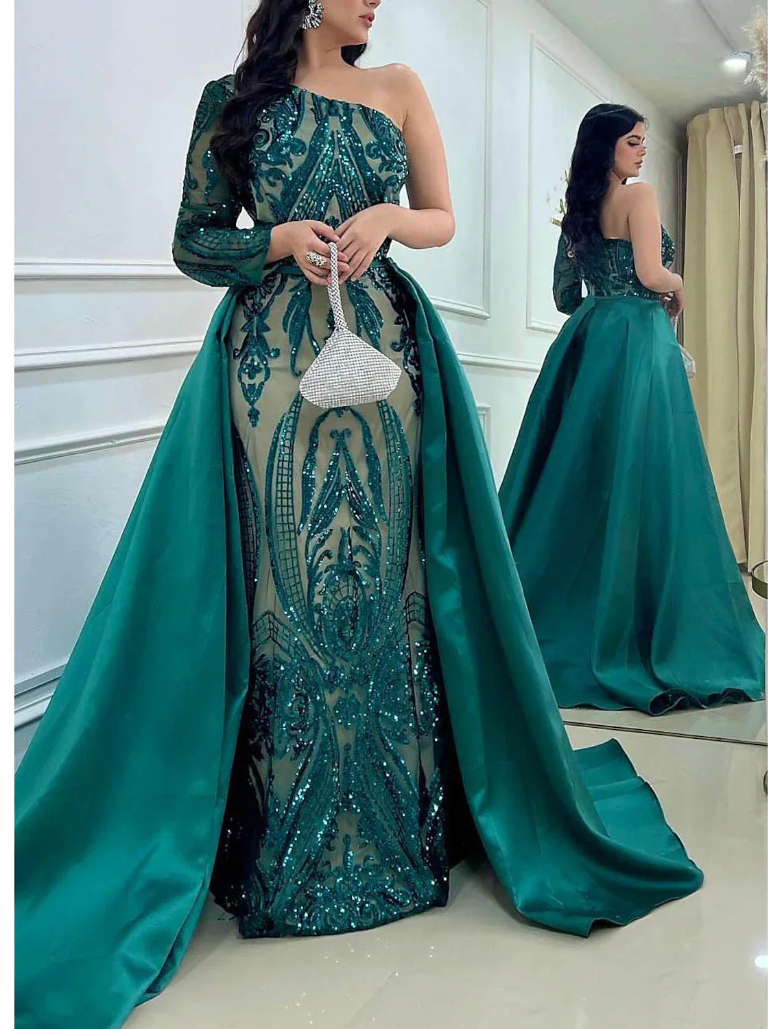 Mermaid / Trumpet Evening Gown Elegant Dress Formal Wedding Court Train Long Sleeve One Shoulder Detachable