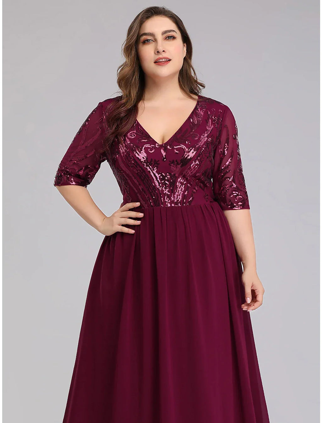Plus Size Dress Wedding Guest Floor Length Half Sleeve Plunging Neck