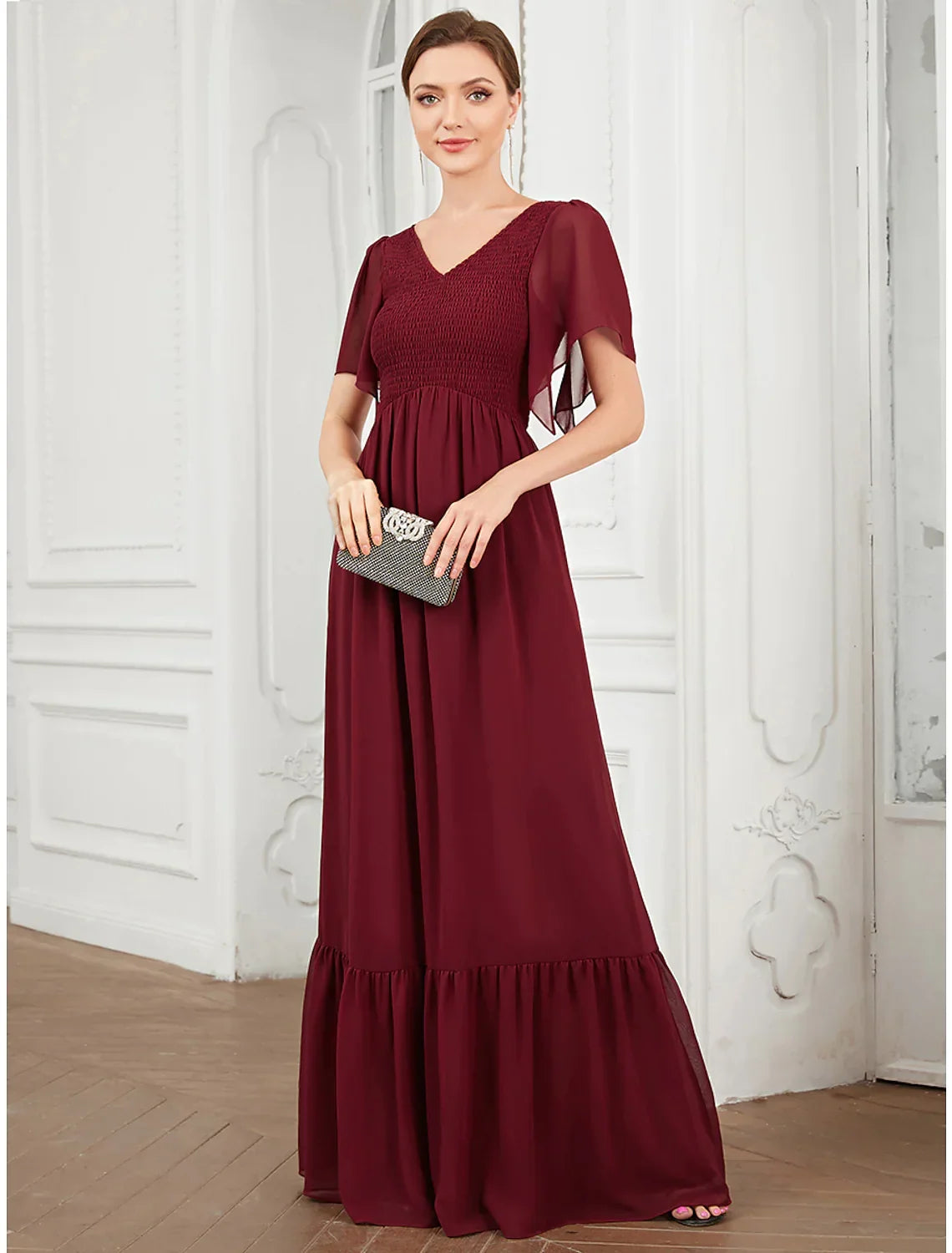 Party Wear Floor Length Short Sleeve V Neck with Pleats