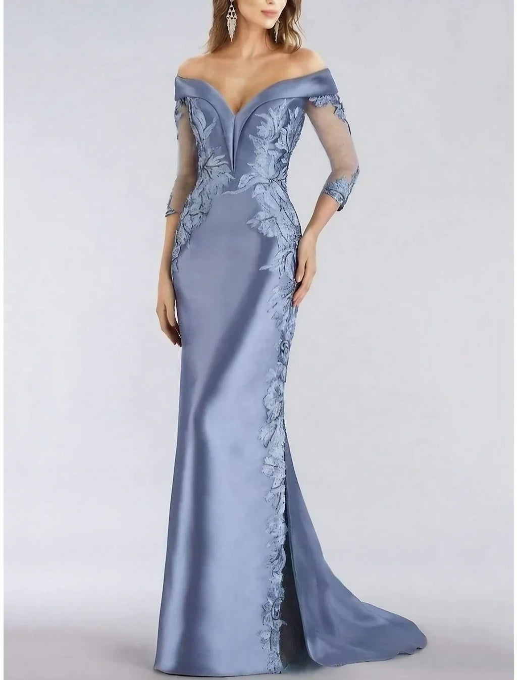Sheath / Column Mother of the Bride Dress Wedding Guest Elegant Off Shoulder Sweep / Brush Train 3/4 Length Sleeve with Solid Color