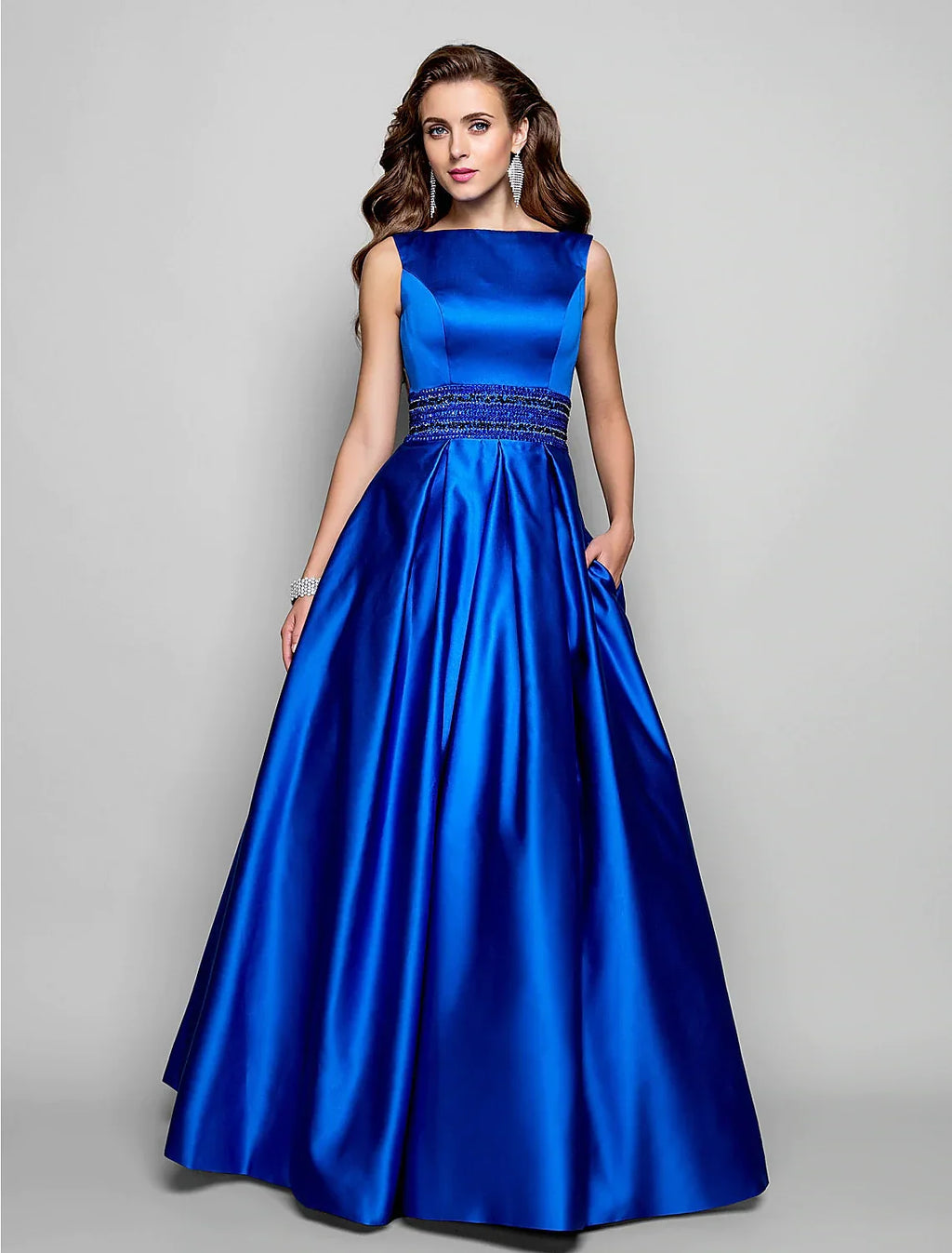 Blue Evening Dresses Wedding Guest Floor Length Sleeveless Boat Neck Pocket with Pleats Beading