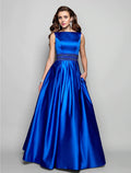 Blue Evening Dresses Wedding Guest Floor Length Sleeveless Boat Neck Pocket with Pleats Beading