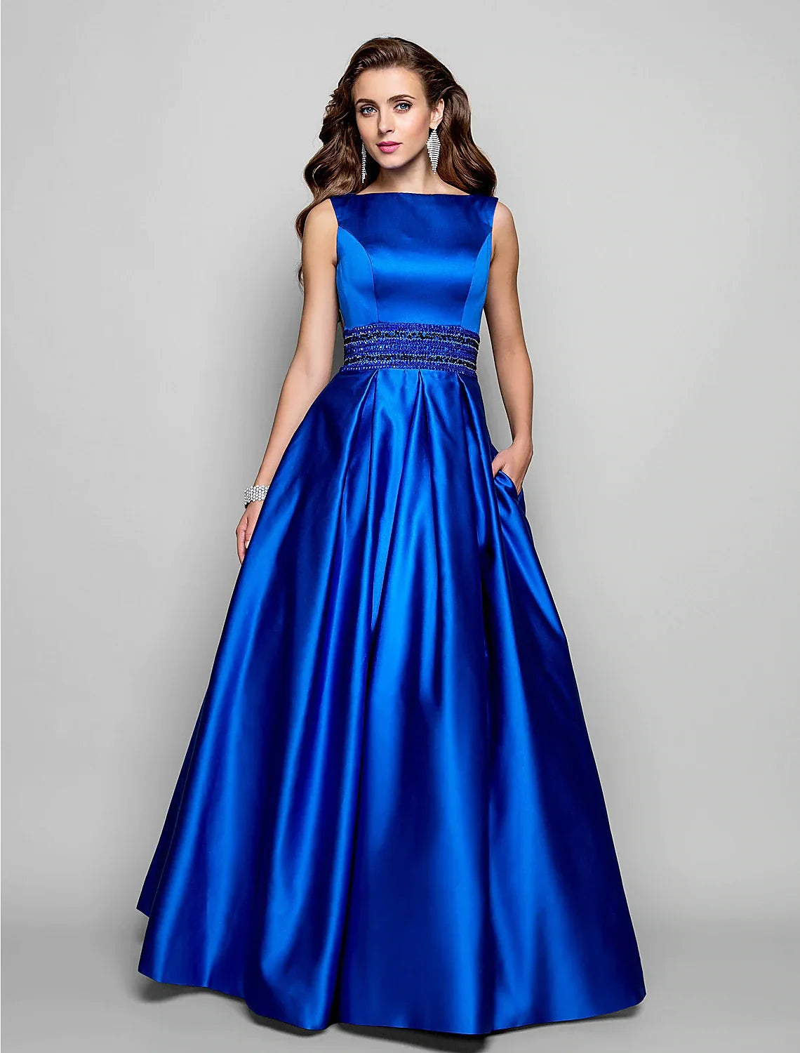 Blue Evening Dresses Wedding Guest Floor Length Sleeveless Boat Neck Pocket with Pleats Beading