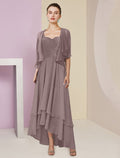 Two Piece A-Line Mother of the Bride Dress Formal Wedding Guest Elegant Square Neck Asymmetrical Tea Length 3/4 Length Sleeve Wrap Included with Ruched Tier Appliques