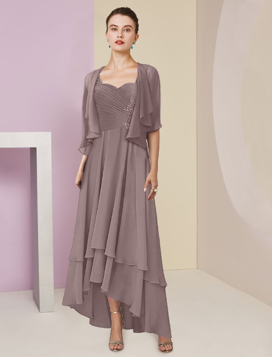 Two Piece A-Line Mother of the Bride Dress Formal Wedding Guest Elegant Square Neck Asymmetrical Tea Length 3/4 Length Sleeve Wrap Included with Ruched Tier Appliques