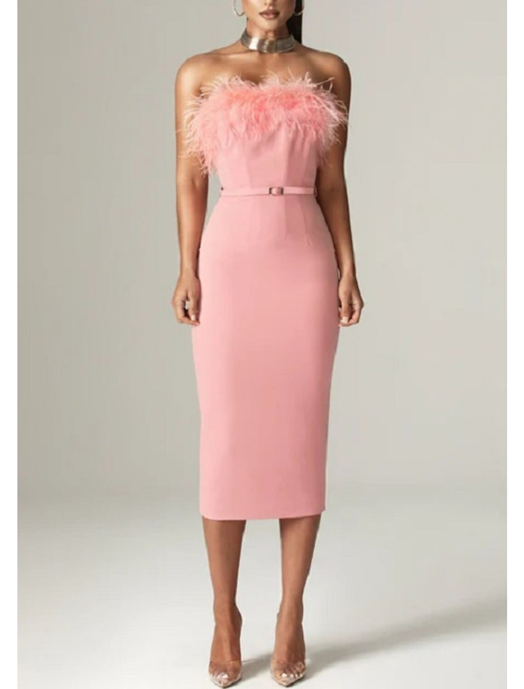 Sheath / Column Evening Gown Elegant Dress Formal Birthday Tea Length Sleeveless Strapless Belt / Sash Fabric with Feather