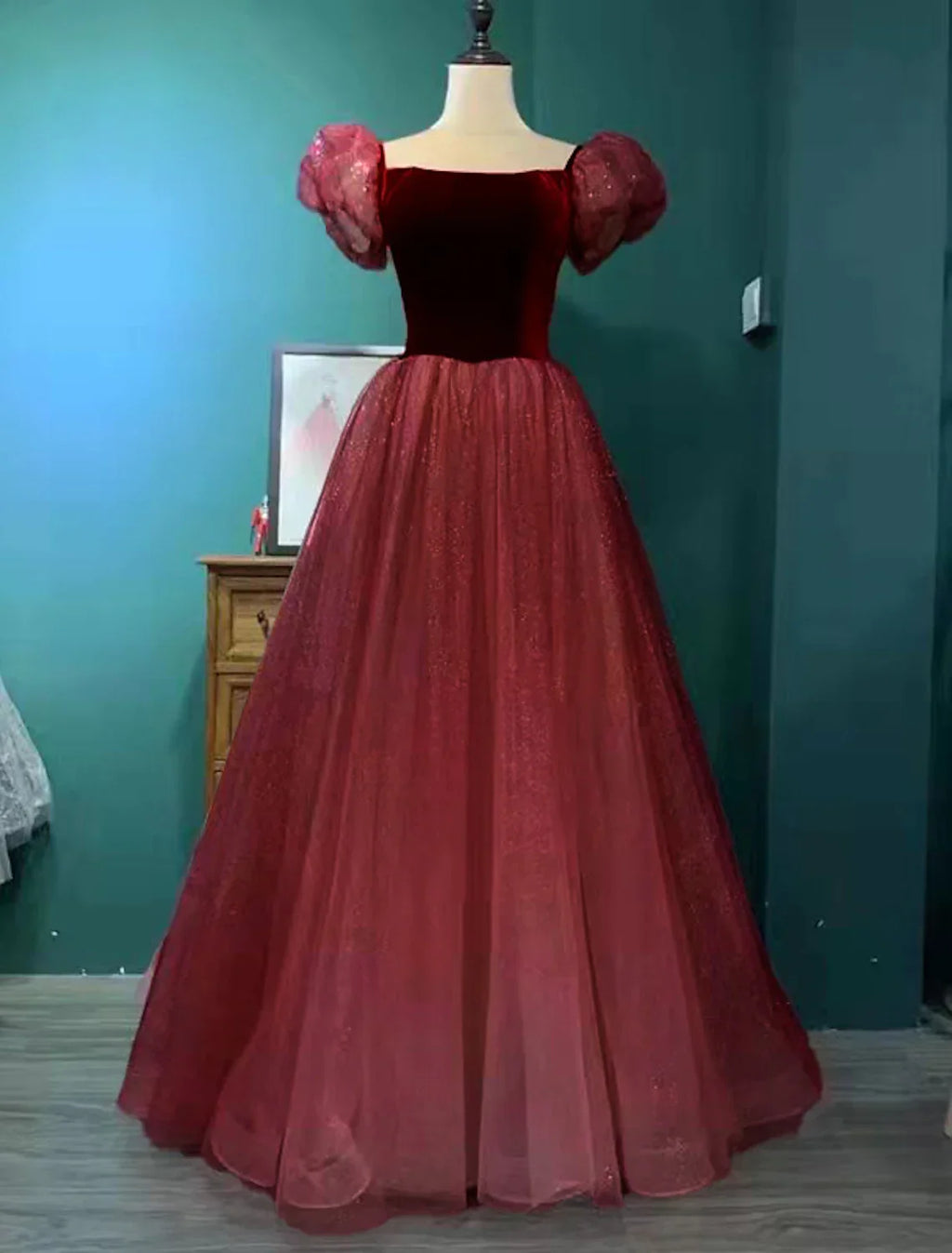 Engagement Floor Length Short Sleeve Square Neck with Splicing