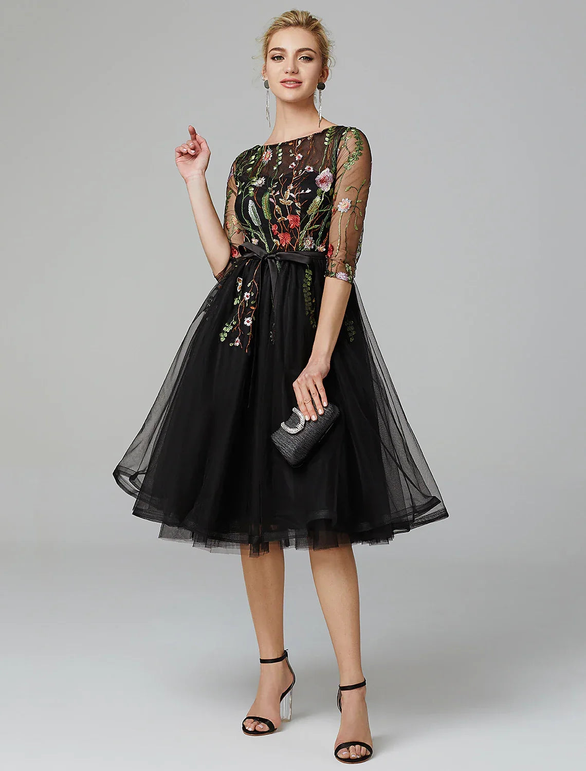 Black Little Dress Dress Wedding Guest Knee Length Long Sleeve Illusion Neck Wednesday Addams Family with Embroidery Appliques