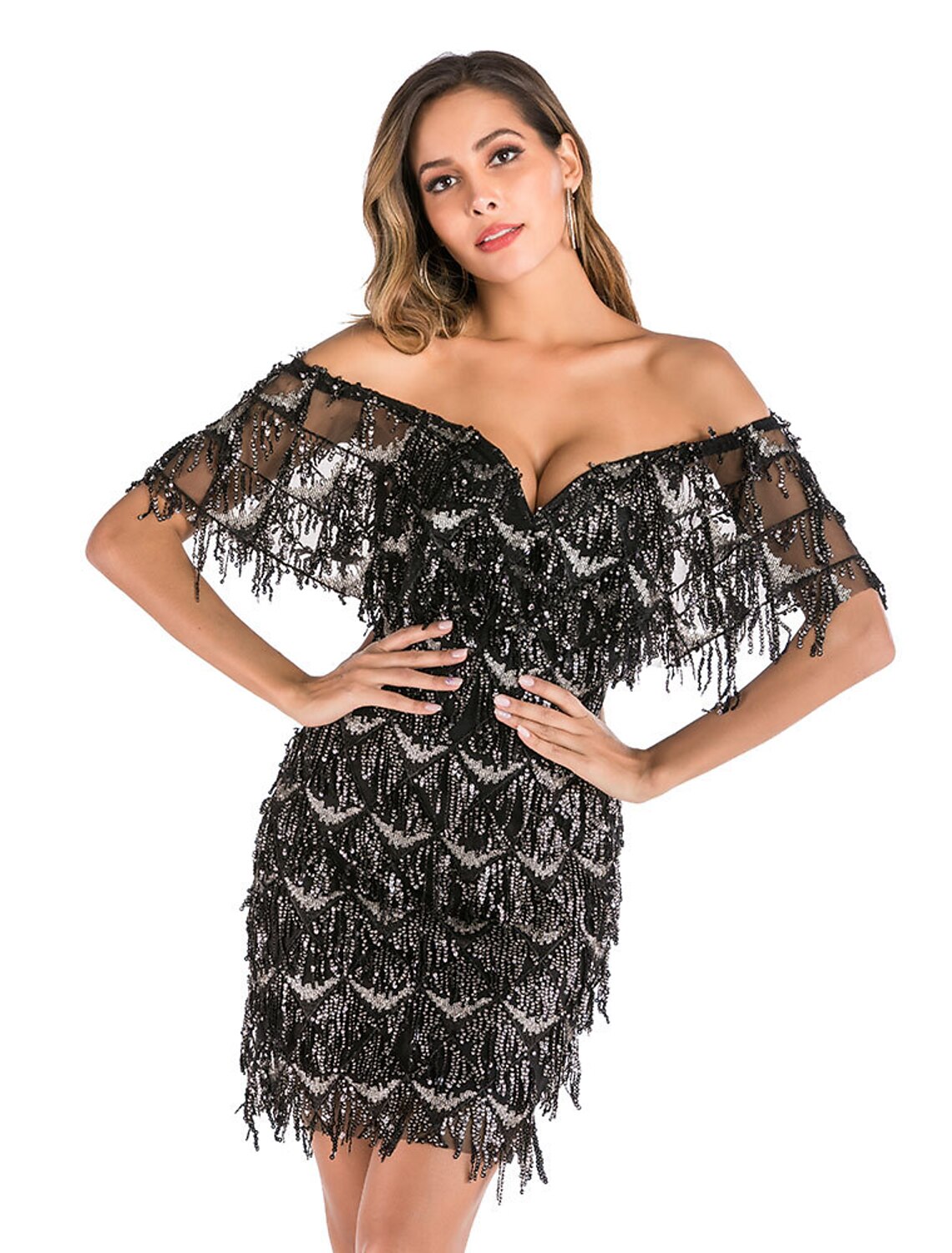 Party Dresses Flapper Dress Party Wear Knee Length Short Sleeve V Neck Backless with Tiered