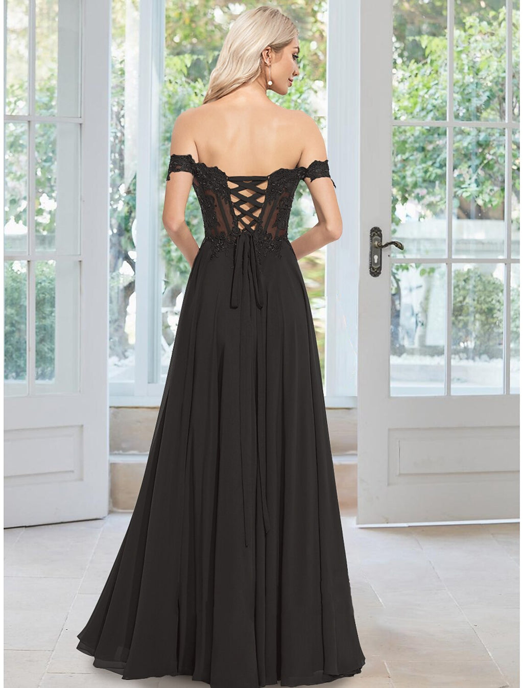 Evening Gown Floral Dress Prom Floor Length Sleeveless Off Shoulder with Appliques