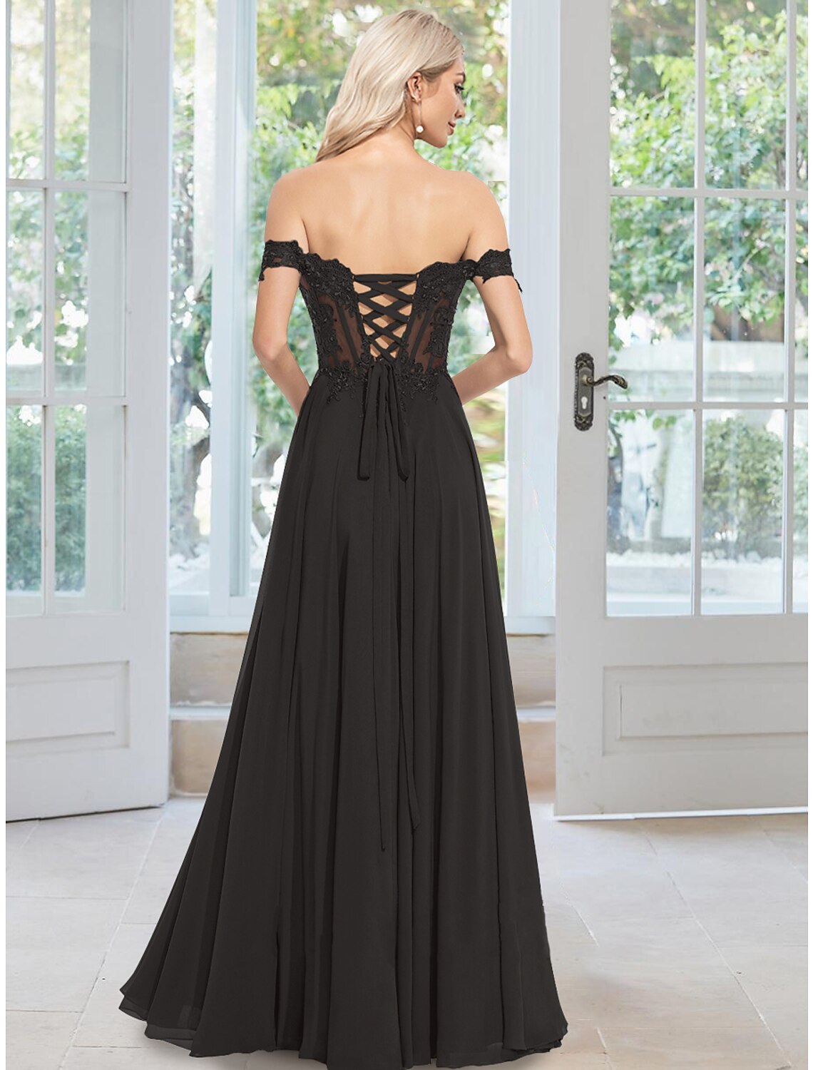 Evening Gown Floral Dress Prom Floor Length Sleeveless Off Shoulder with Appliques