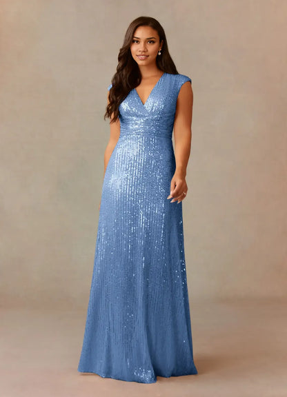 Refined Elegant Champagne Sequins A-Line V-Neck Ruffle Mother of the Bride Dress