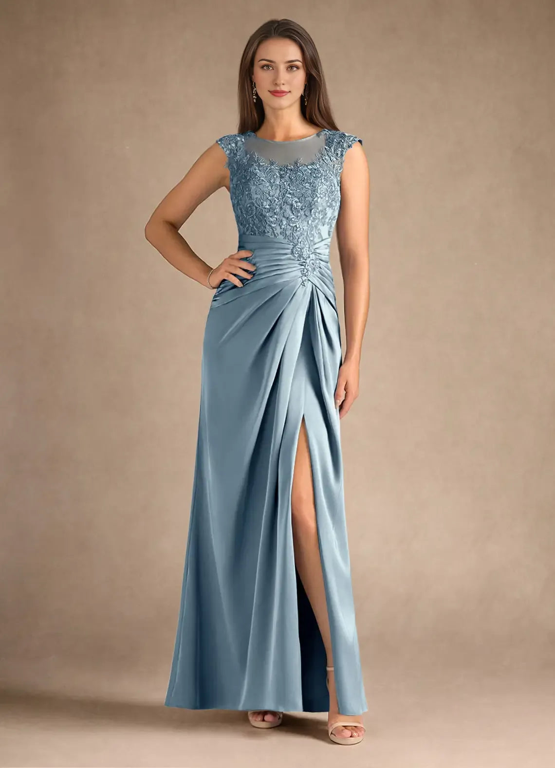 Special Occasion Sophisticated Graceful Elegant Blue Satin Sheath Scoop Neck Sleeveless Evening Dress