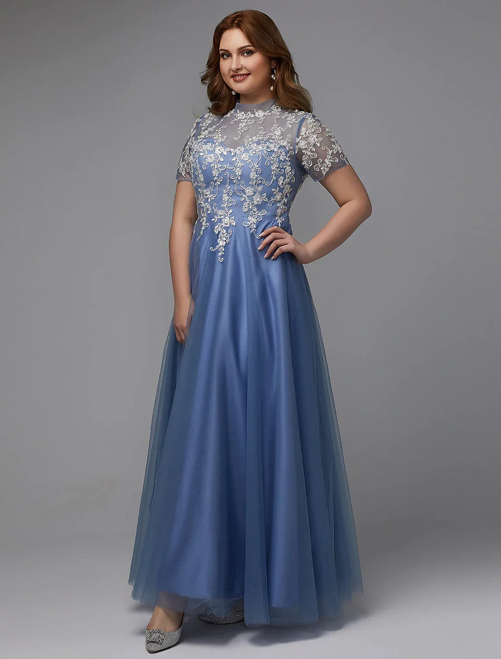 Plus Size Dress Wedding Guest Floor Length Short Sleeve High Neck Lace-up with Appliques