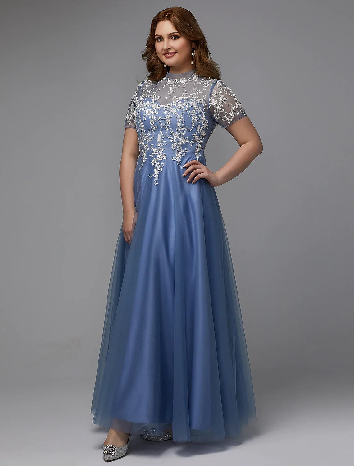 Plus Size Dress Wedding Guest Floor Length Short Sleeve High Neck Lace-up with Appliques