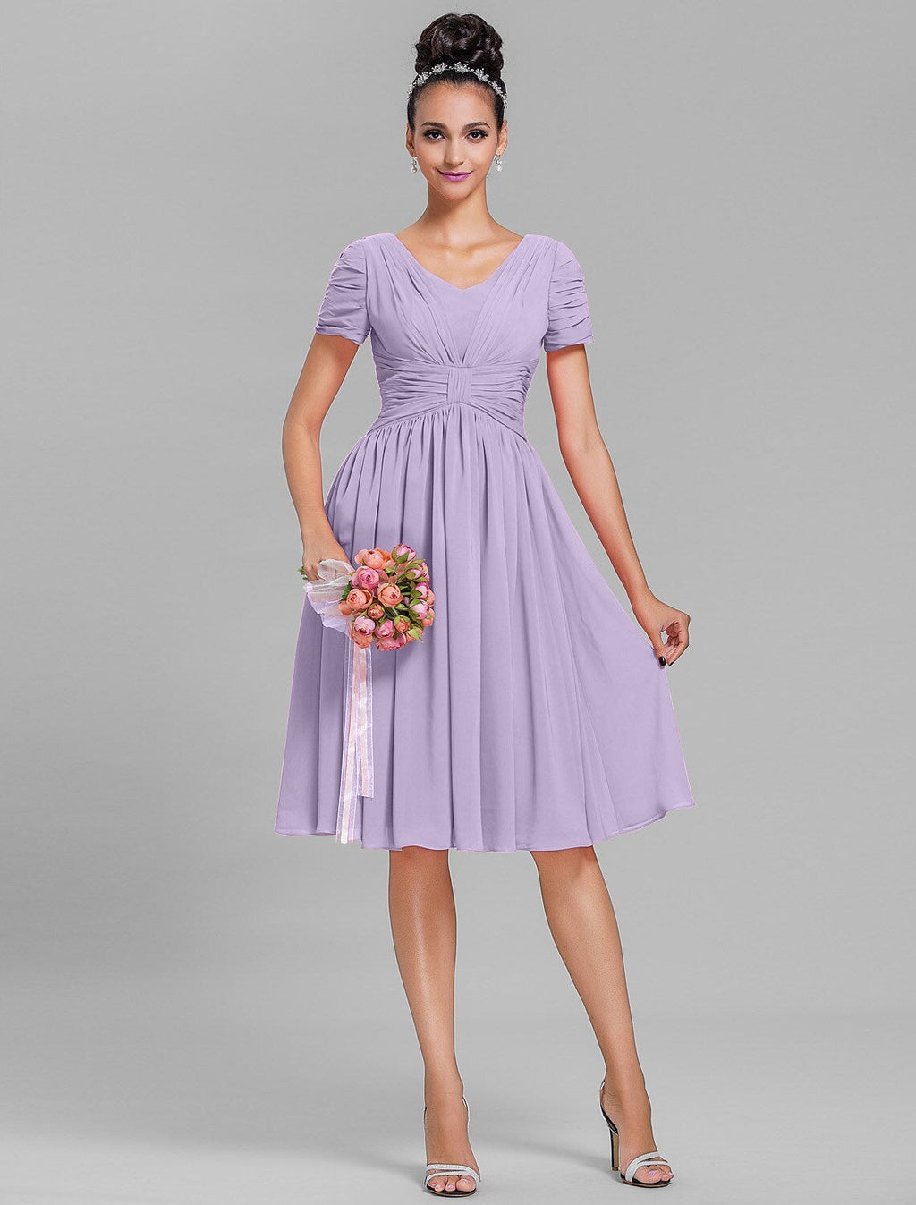 Bridesmaid Dress V Neck Short Sleeve Vintage Inspired Knee Length with Ruched Draping