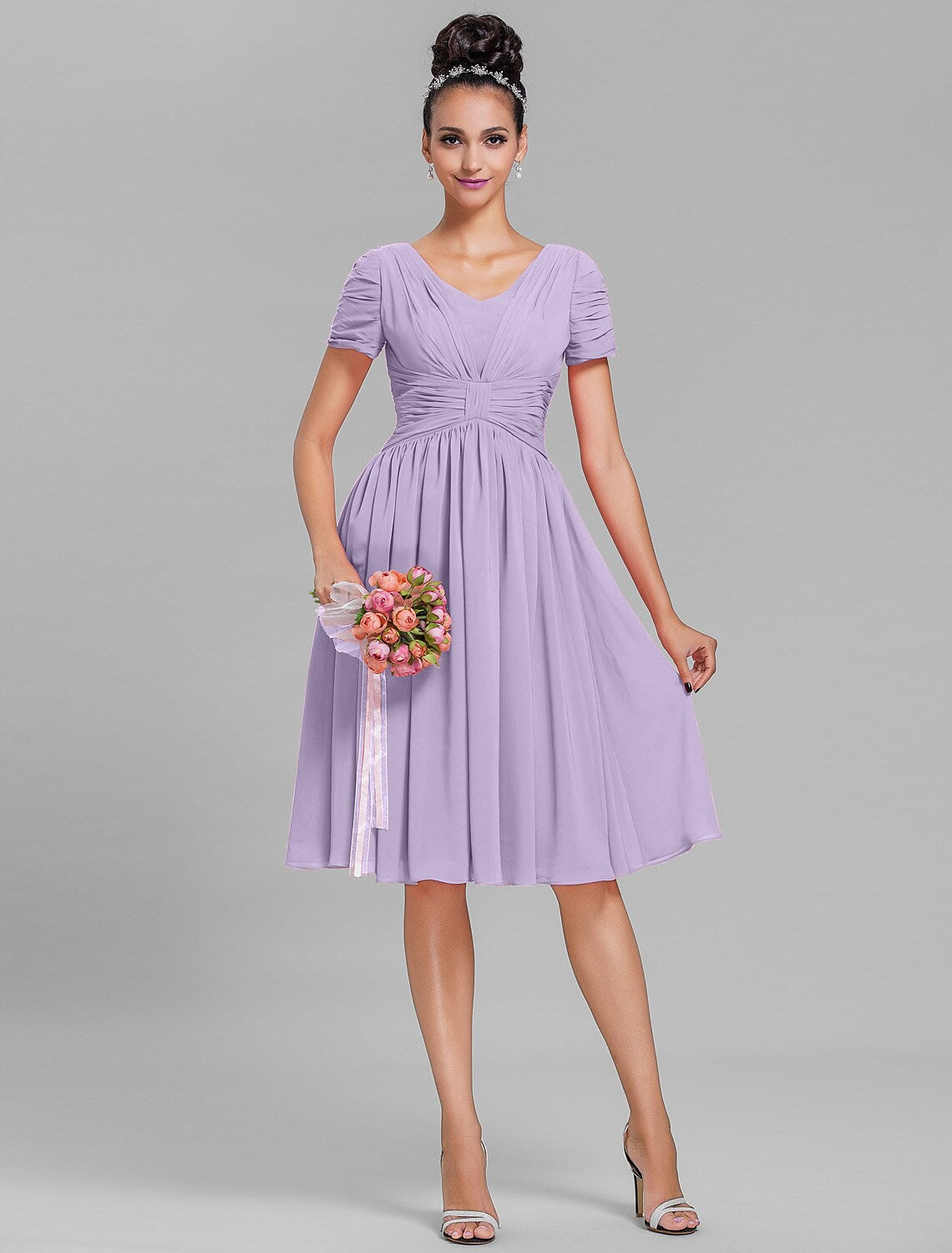 Bridesmaid Dress V Neck Short Sleeve Vintage Inspired Knee Length with Ruched Draping