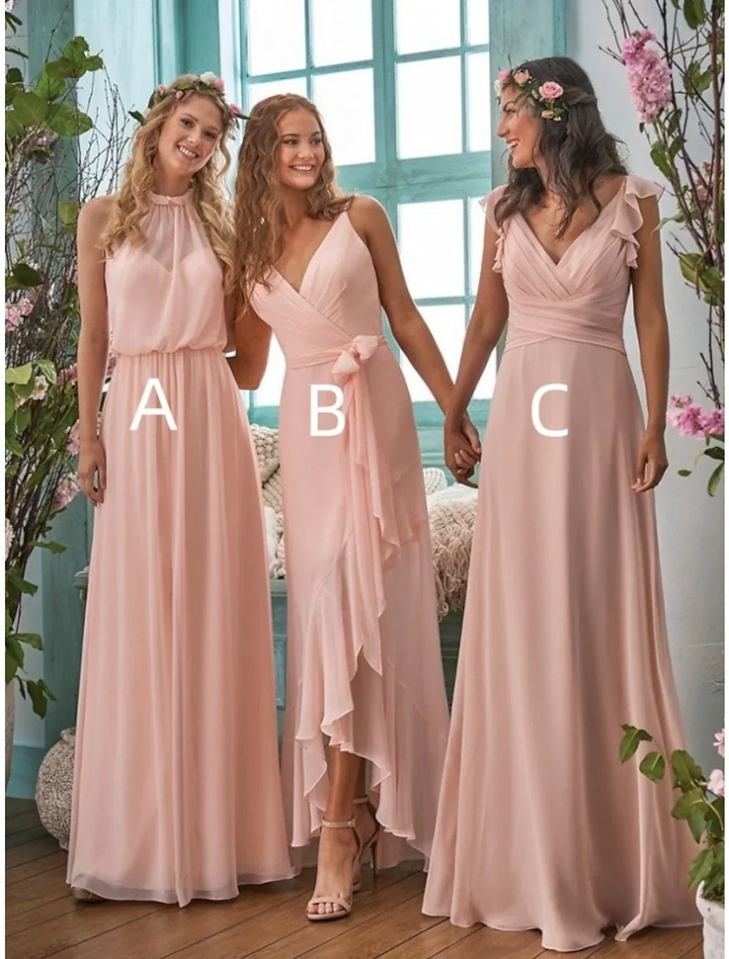 Bridesmaid Dress Halter Neck / V Neck Sleeveless Elegant Floor Length with Split Front / Ruching / Solid Color