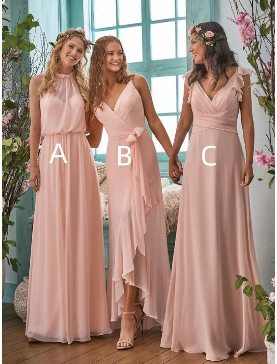 Bridesmaid Dress Halter Neck / V Neck Sleeveless Elegant Floor Length with Split Front / Ruching / Solid Color