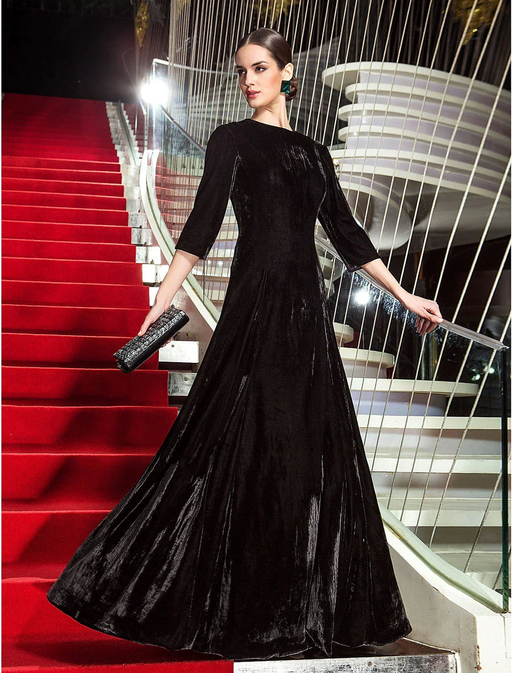 Celebrity Style Dress Wedding Guest Floor Length 3/4 Length Sleeve Jewel Neck with Pleats