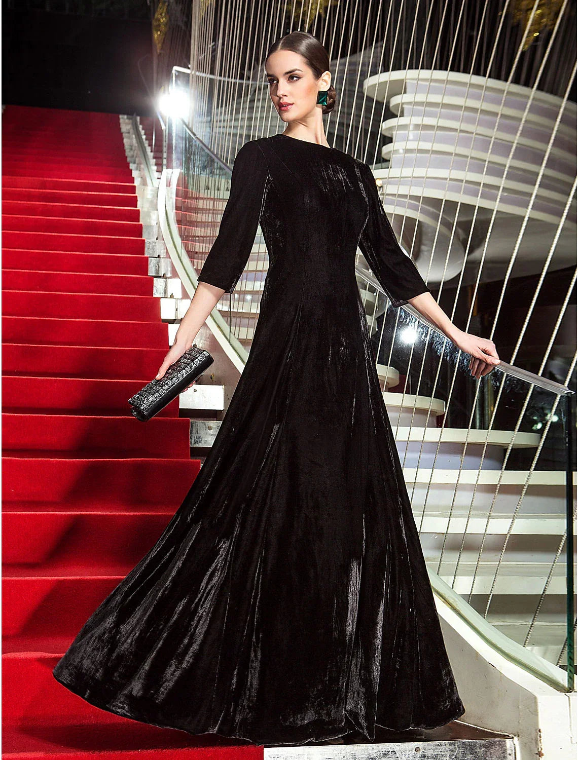 Celebrity Style Dress Wedding Guest Floor Length 3/4 Length Sleeve Jewel Neck with Pleats