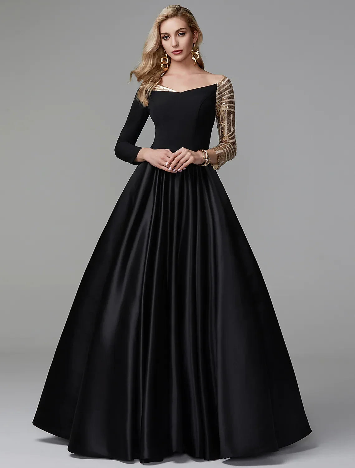 Sparkle Formal Evening Dress Off Shoulder Long Sleeve Floor Length