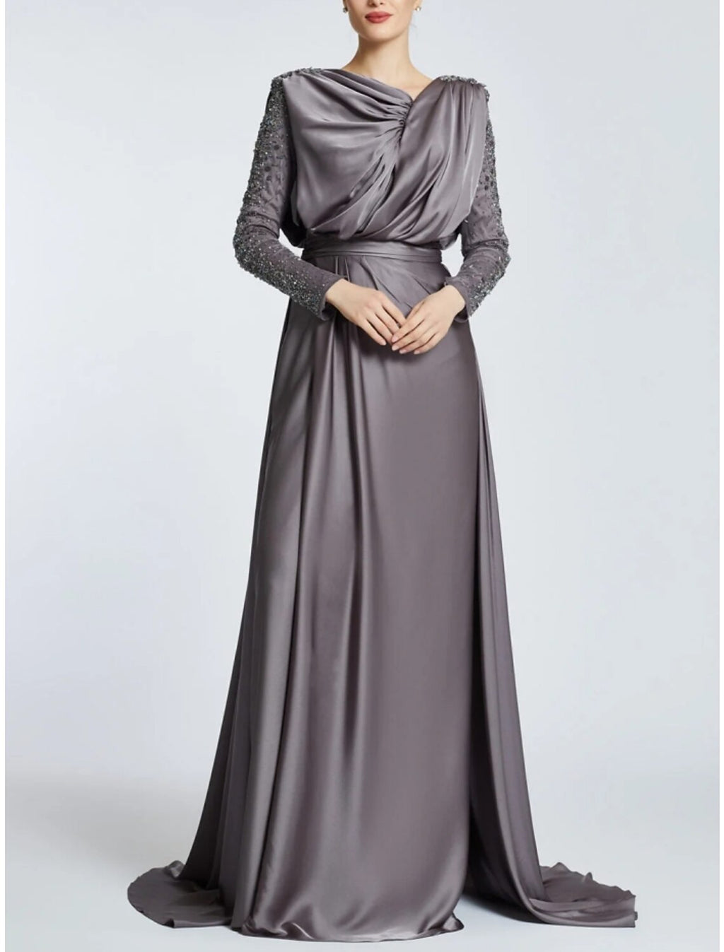 Mother of the Bride Dress Wedding Guest Elegant Scoop Neck Sweep / Brush Train Long Sleeve with Ruching