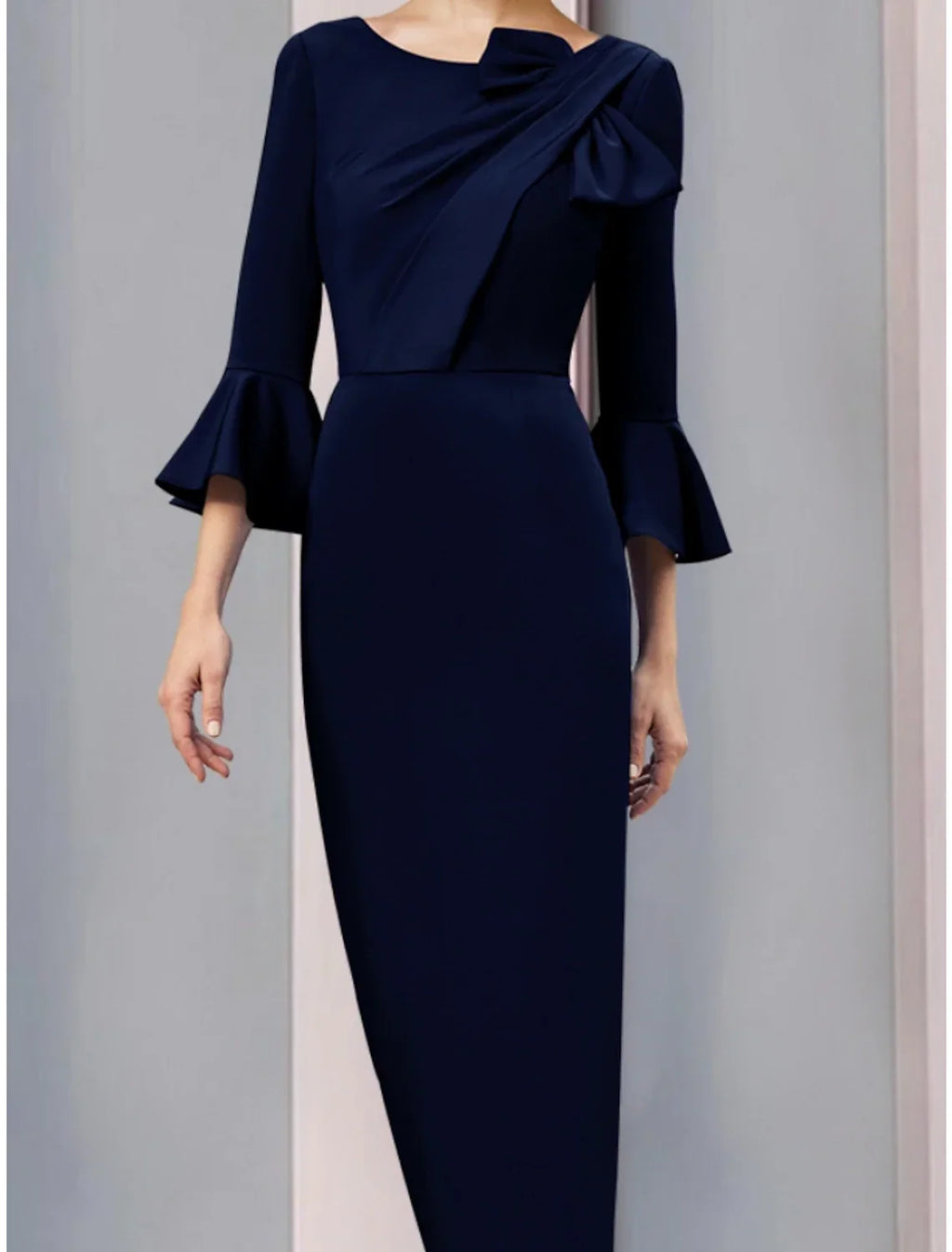 Mother of the Bride Dress Wedding Guest Elegant Scoop Neck Ankle Length Fabric 3/4 Length Sleeve with Bow(s) Ruching Solid Color
