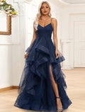 Evening Gown Tiered Dress Formal Sweep / Brush Train Sleeveless Spaghetti Strap with Ruched Ruffles Slit